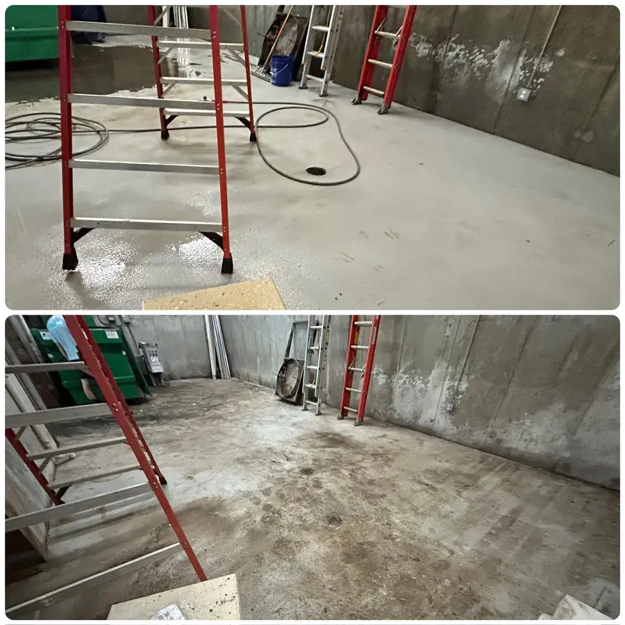 Before/after composite of same trash room floor from a different angle, stains removed.