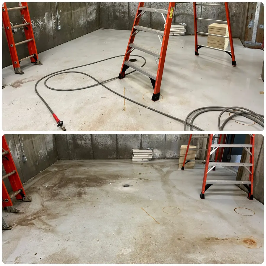 Before/after composite wide shot of trash/loading room with ladders and dumpster, floor cleaned.