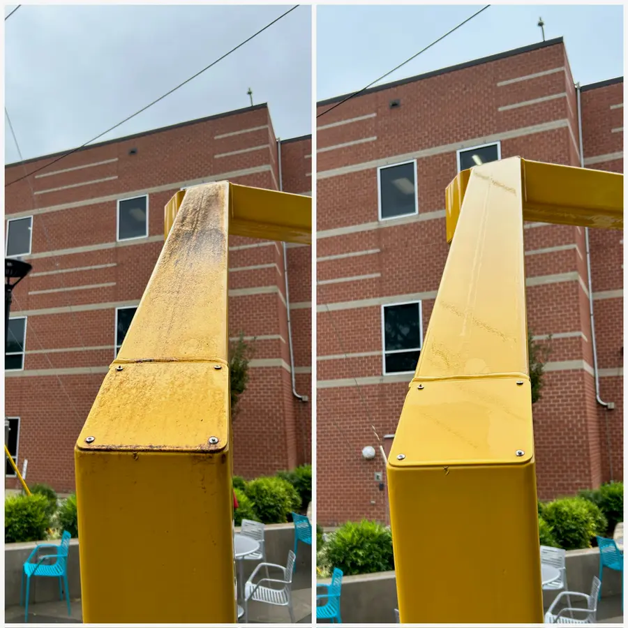 Before/after composite of a yellow canopy support post, dark streaking removed to bright yellow.