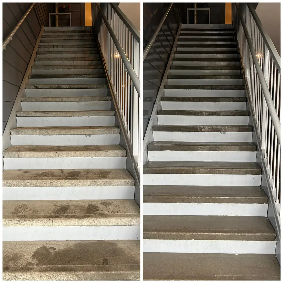 Before/after composite of an apartment building concrete stairwell, dark staining removed to clean steps.