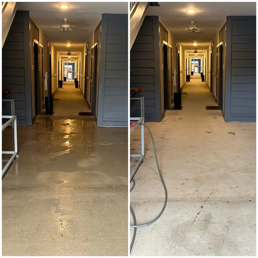 Before/after composite of an apartment hallway floor, grime removed to a lighter dry surface.