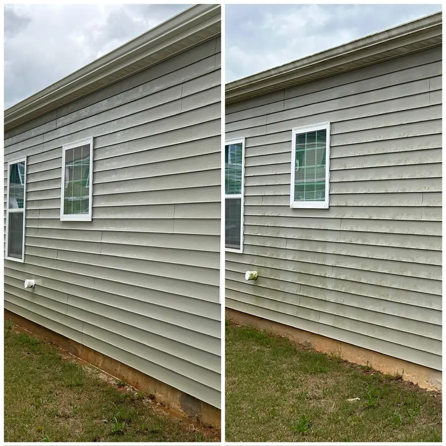 Before/after composite of house siding, visible mildew streaking removed to clean light siding.