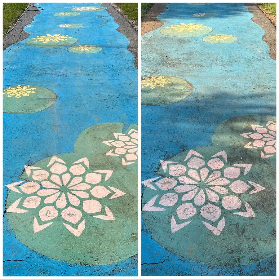 Before/after composite of a painted lily pad mural walkway, dull colors restored to vivid blue.