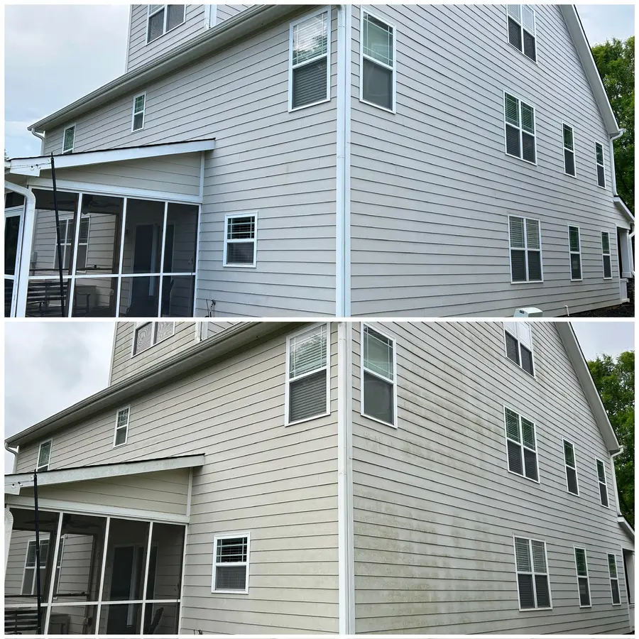 Before/after composite of a two-story house corner, dirty siding restored to uniform clean color.