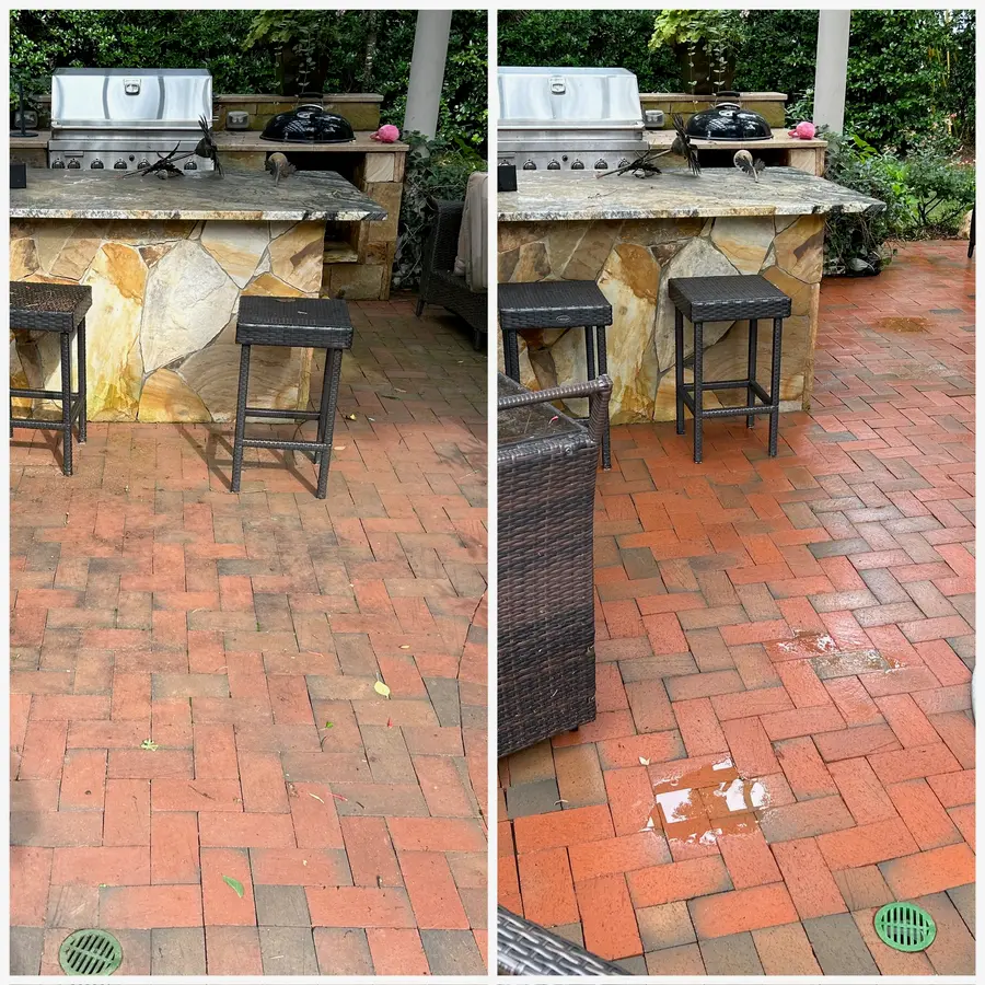 Before/after composite of a brick paver patio with outdoor kitchen, dirt removed to clean wet pavers.