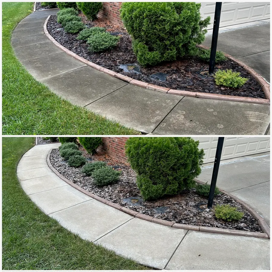 Before/after composite of a curved concrete walkway by landscaping, dirt and mildew removed.